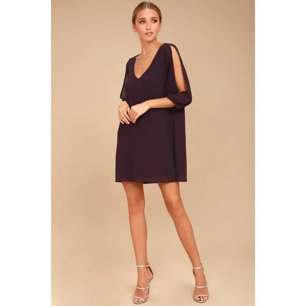 Lulu's Purple Long Sleeve V-Neck Cold Shoulder Shift Dress - Picture 1 of 9